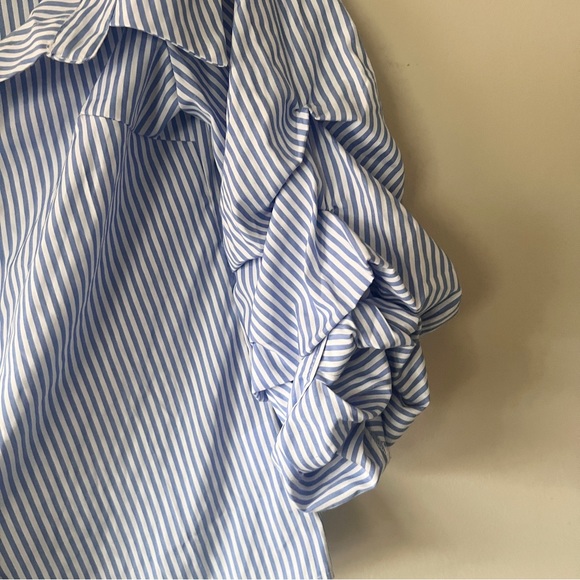 Womens Blue Striped Ruffle Sleeve Off the Shoulder Top Blouse Size S - Picture 8 of 11